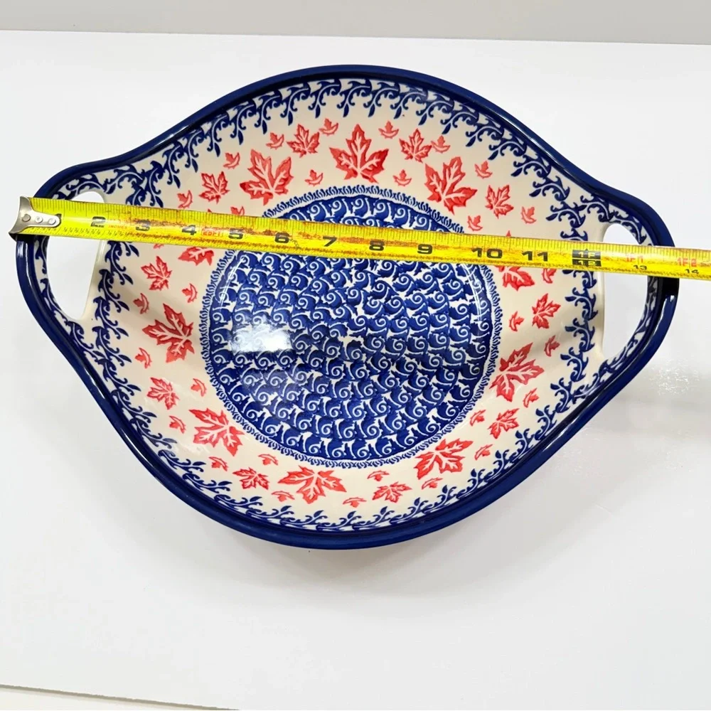 Boleslawiec Zaklady Polish‎ Pottery Red Maple Leaf Bowl Handles 14”, Large RARE